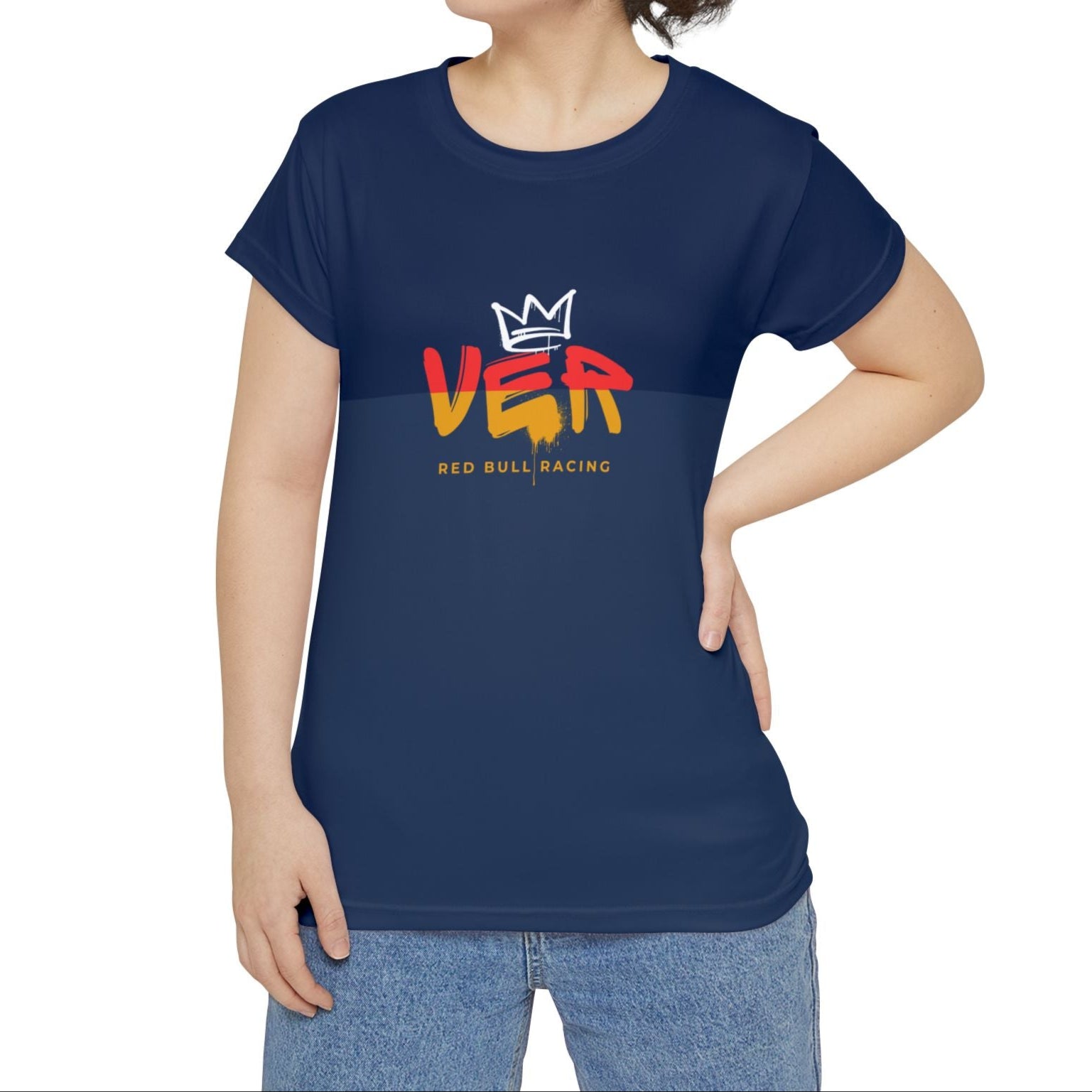 Red and navy racing-inspired women's shirt with a futuristic 2025 livery design. Perfect for motorsport fans and racing enthusiasts.