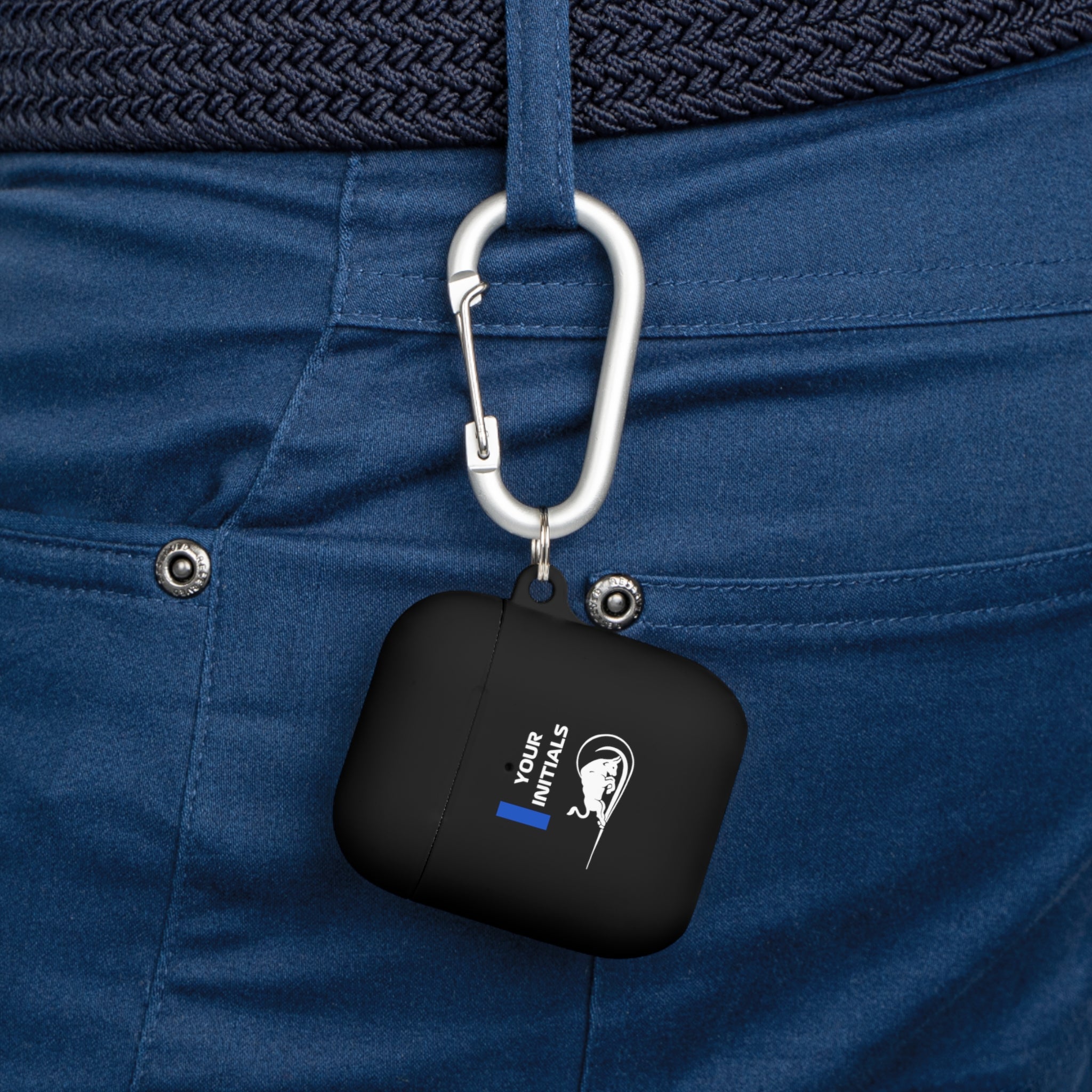 Blue and white racing-inspired AirPods case with a sleek Grand Prix aesthetic and custom initials option. Ideal for motorsport fans.