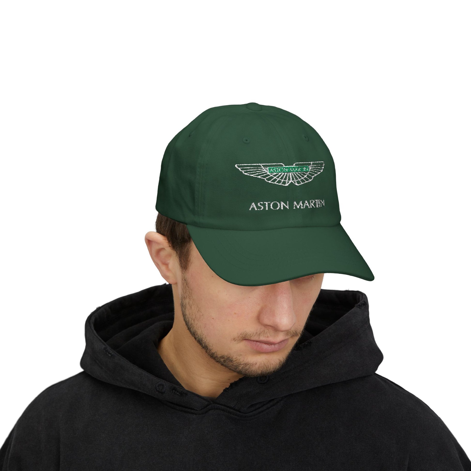 Green racing-inspired embroidered cap with a curved brim. Perfect for motorsport fans and race-day outfits.