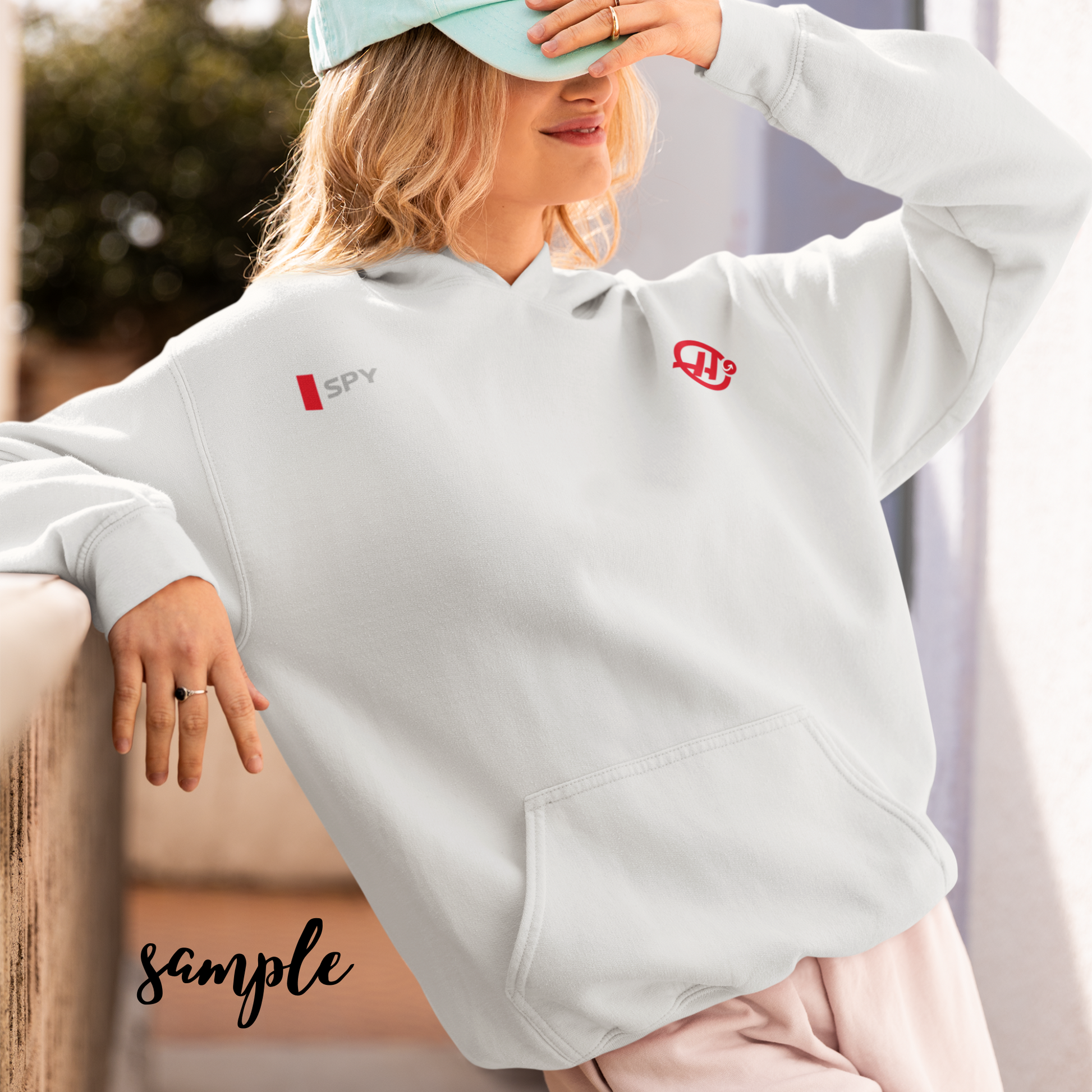White and red racing-inspired unisex hoodie with a sleek Grand Prix aesthetic and custom initials option. Ideal for motorsport fans.
