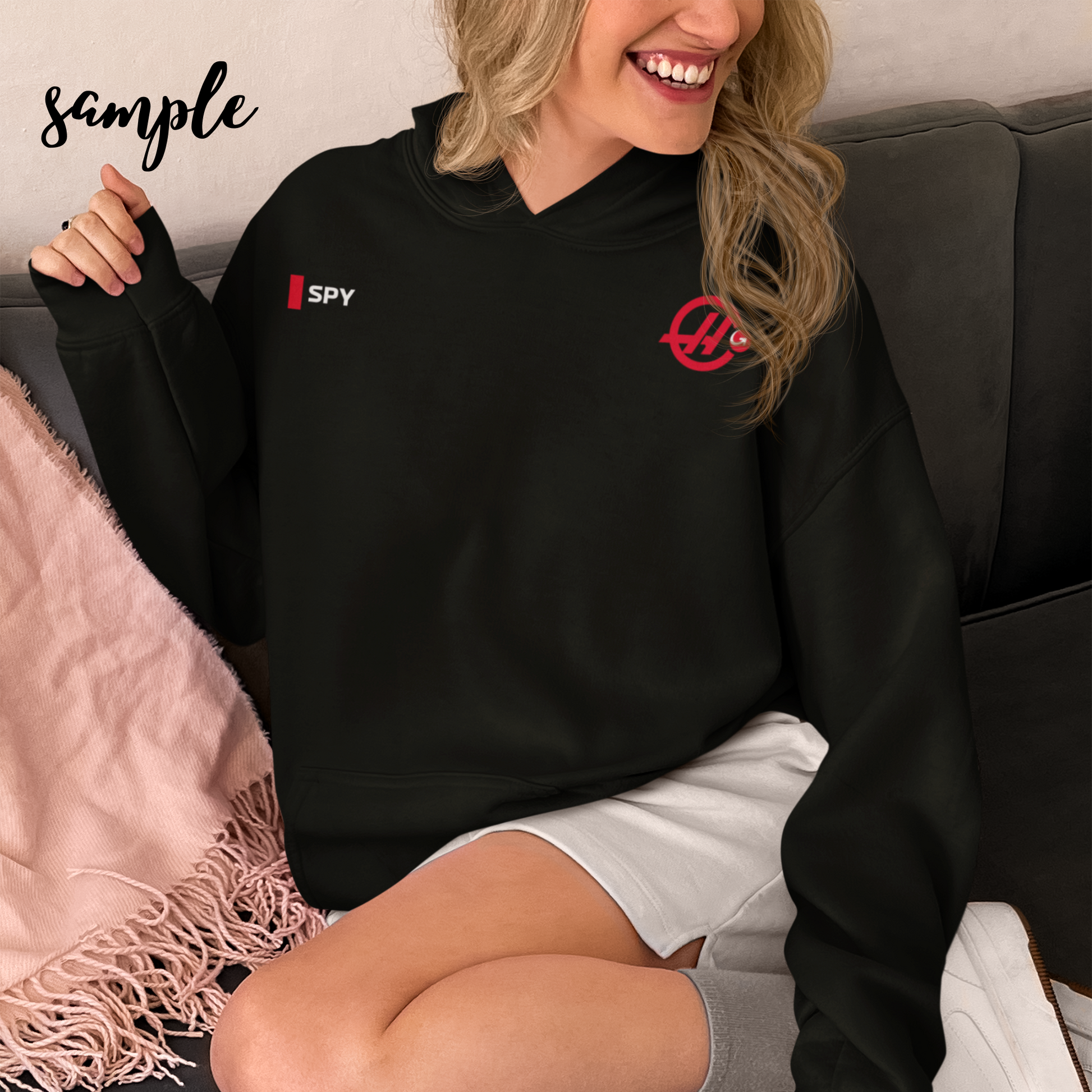 White and red racing-inspired unisex hoodie with a sleek Grand Prix aesthetic and custom initials option. Ideal for motorsport fans.