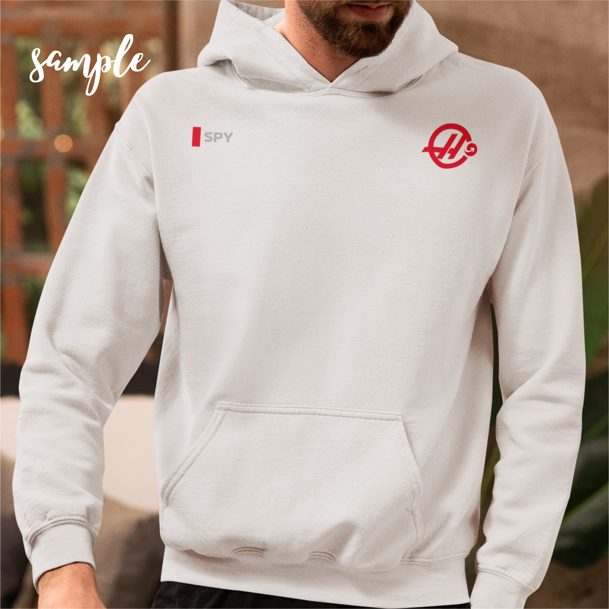 White and red racing-inspired unisex hoodie with a sleek Grand Prix aesthetic and custom initials option. Ideal for motorsport fans.