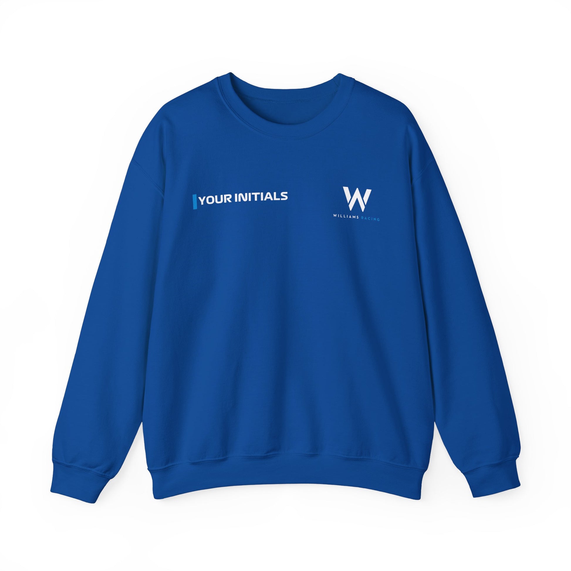 Azure blue racing-inspired crewneck sweatshirt with a motorsport aesthetic, custom initials, and heavyweight comfort. Perfect for Grand Prix fans and speed enthusiasts.