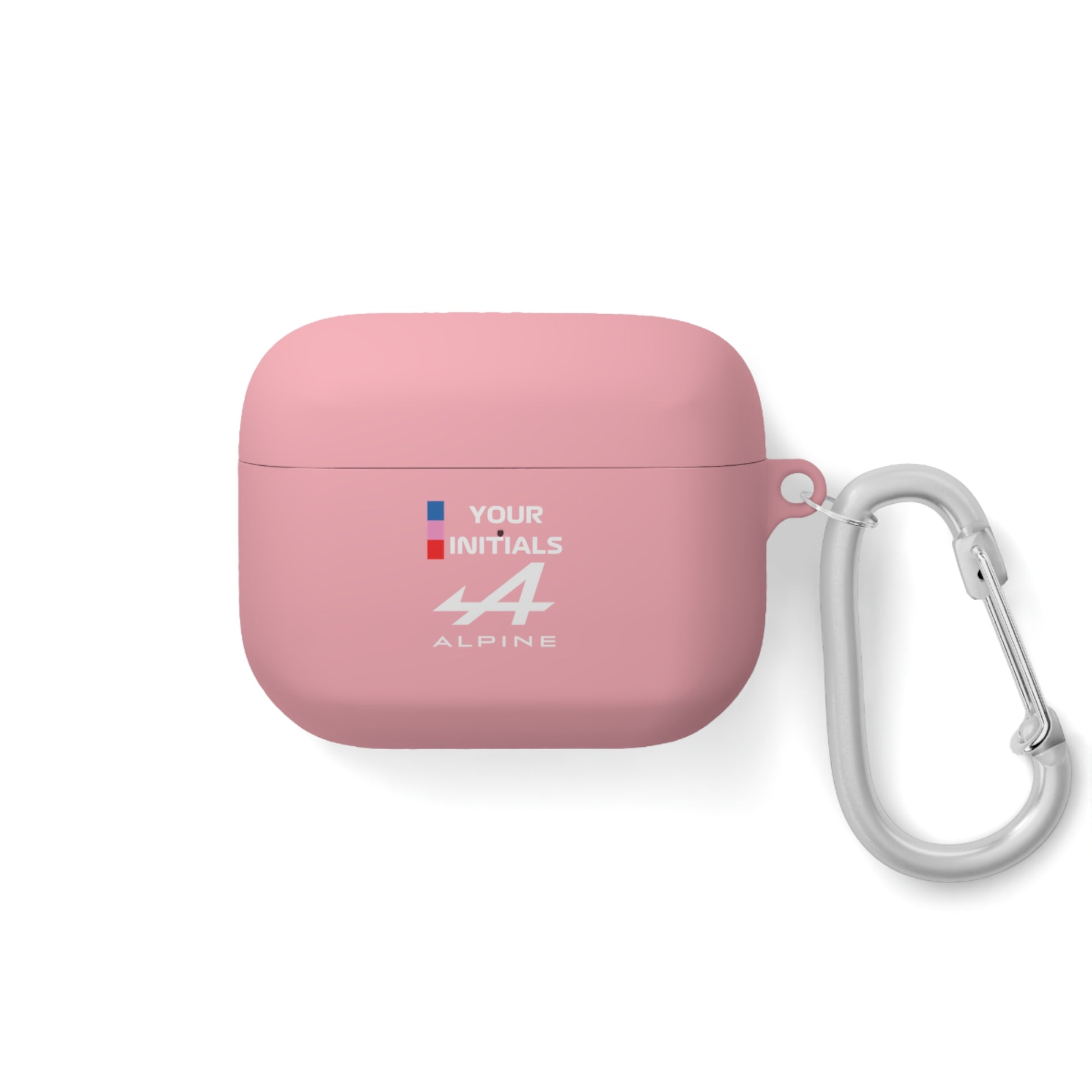 Blue and pink racing-inspired AirPods case with a sleek Grand Prix aesthetic and custom initials option. Ideal for motorsport fans.