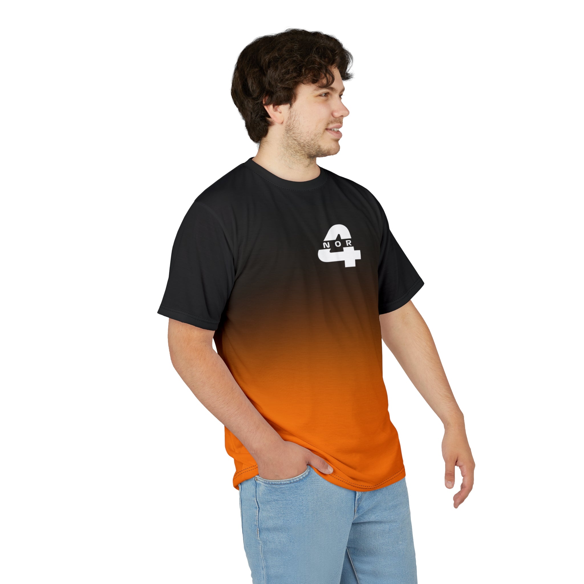 Papaya orange racing-inspired unisex cut & sew tee with a motorsport aesthetic. Perfect for Grand Prix fans and speed enthusiasts.