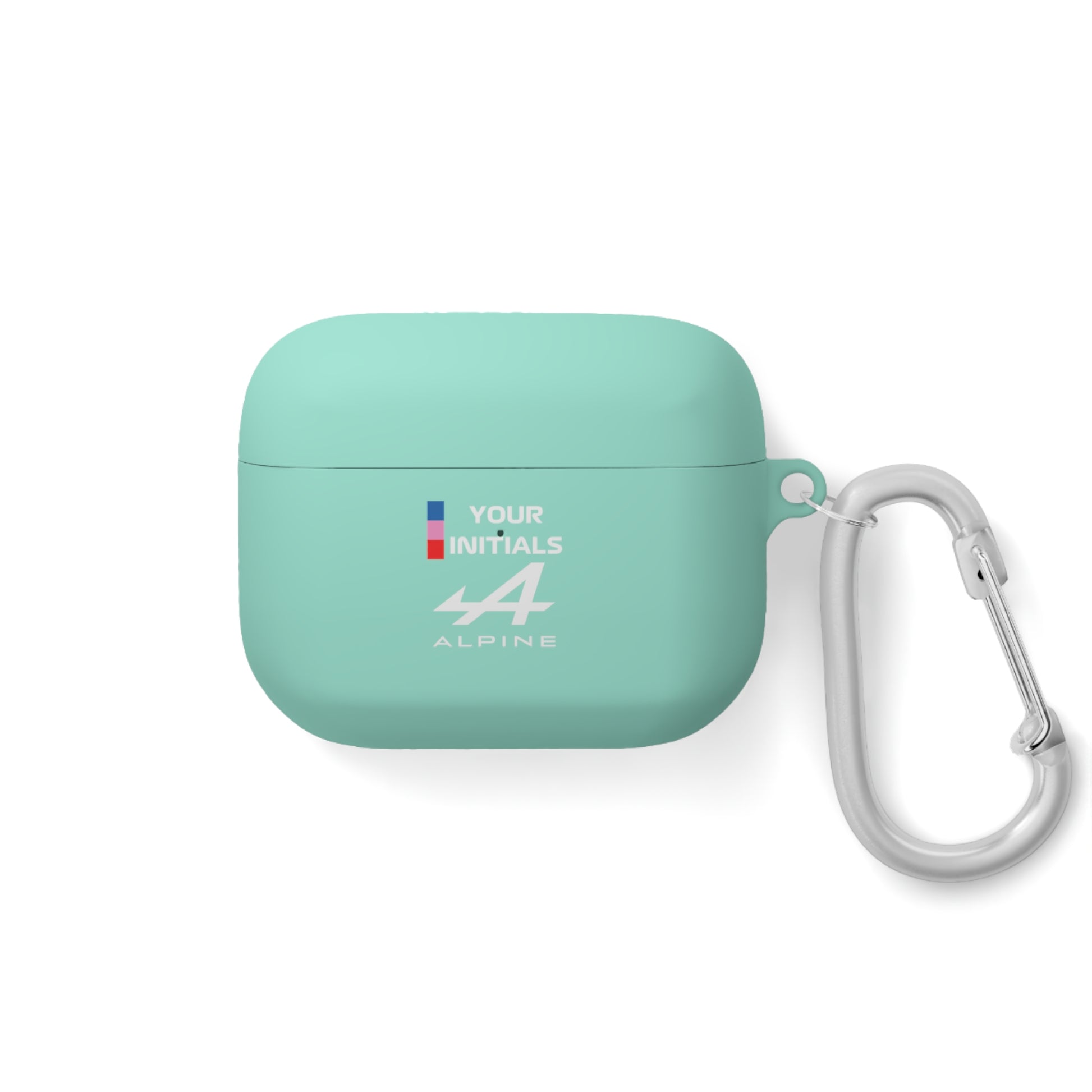 Blue and pink racing-inspired AirPods case with a sleek Grand Prix aesthetic and custom initials option. Ideal for motorsport fans.