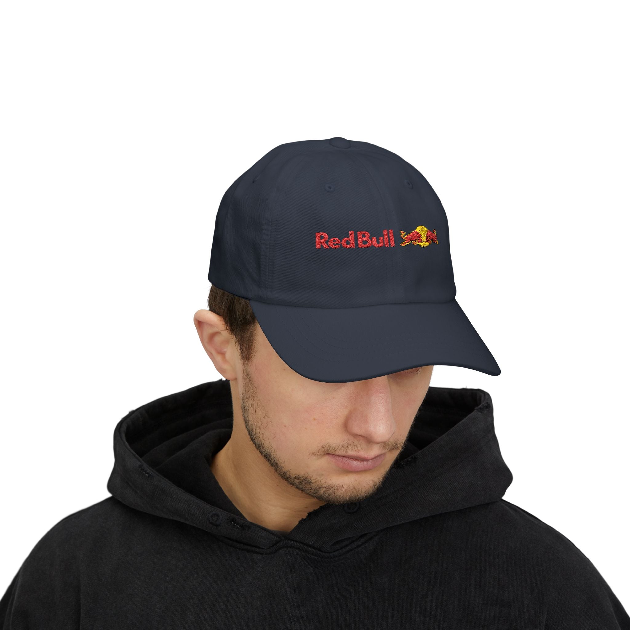 Red and navy racing-inspired embroidered cap with a curved brim. Perfect for motorsport fans and race-day outfits.