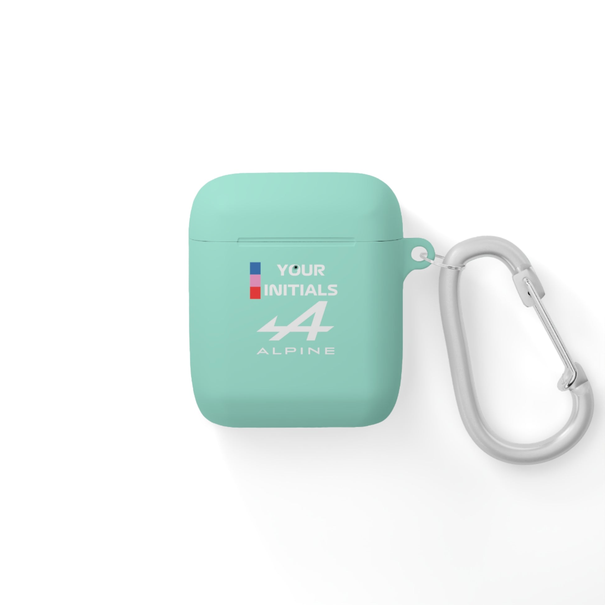 Blue and pink racing-inspired AirPods case with a sleek Grand Prix aesthetic and custom initials option. Ideal for motorsport fans.