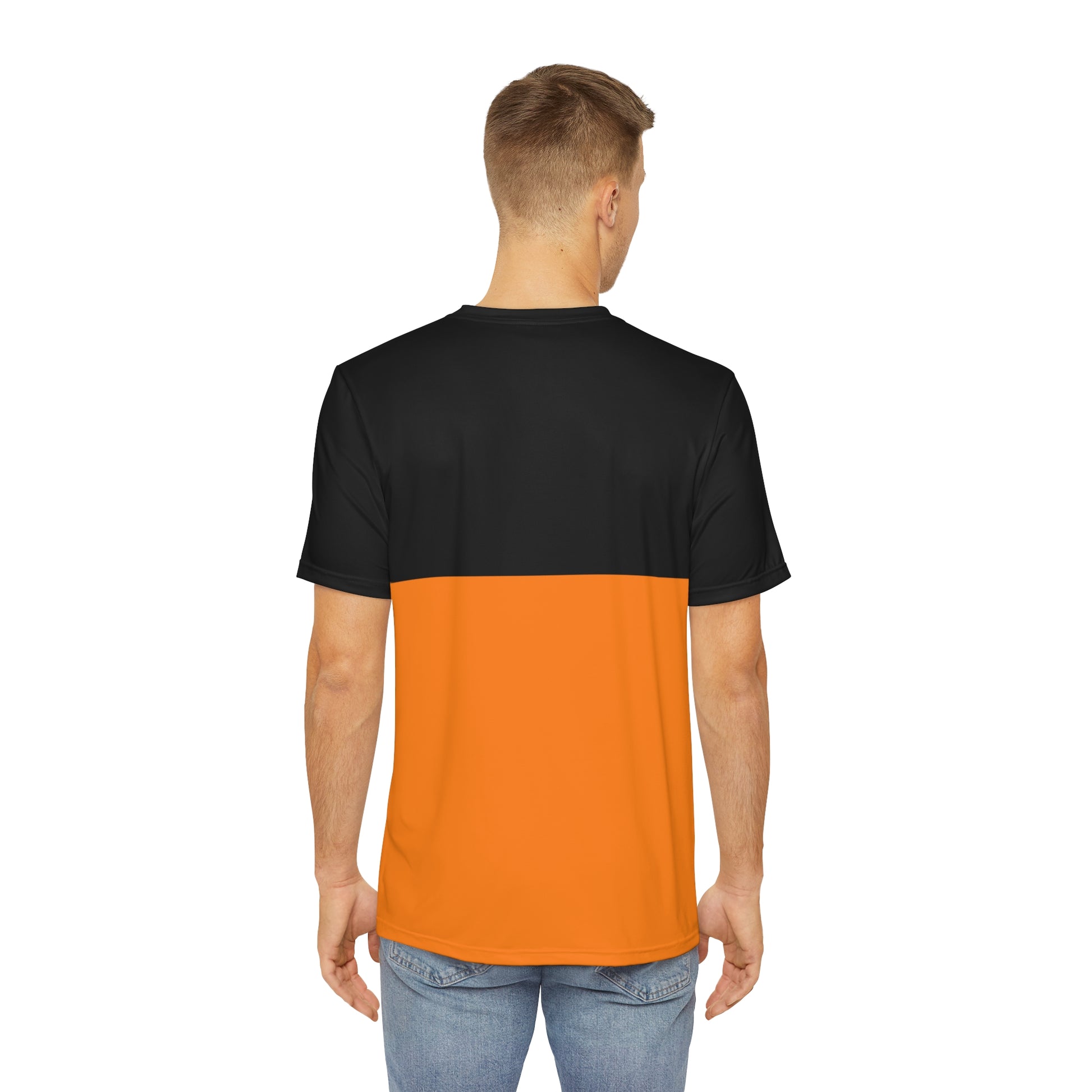 Papaya orange racing-inspired men's shirt with a futuristic 2025 livery design. Perfect for motorsport fans and racing enthusiasts.