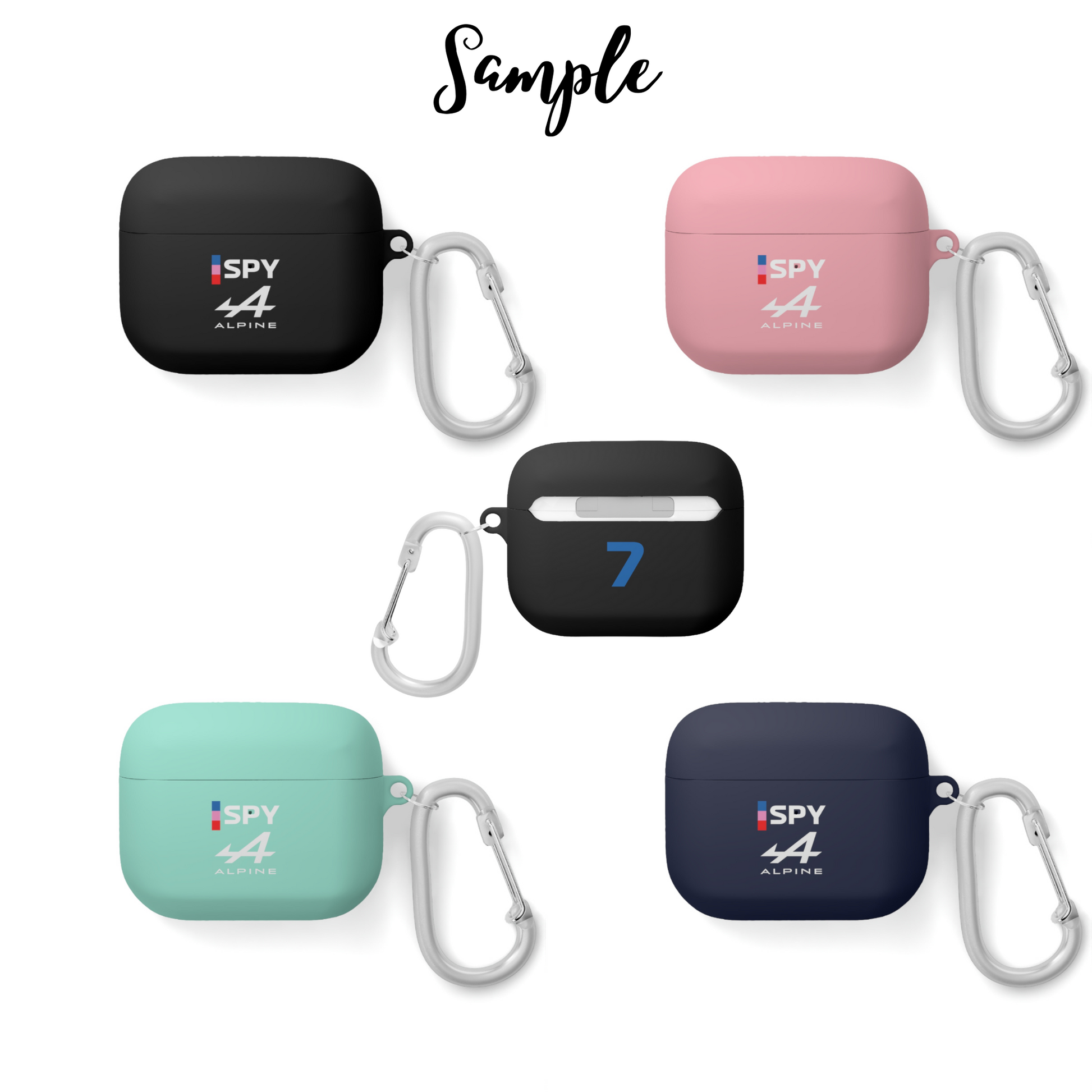 Blue and pink racing-inspired AirPods case with a sleek Grand Prix aesthetic and custom initials option. Ideal for motorsport fans.