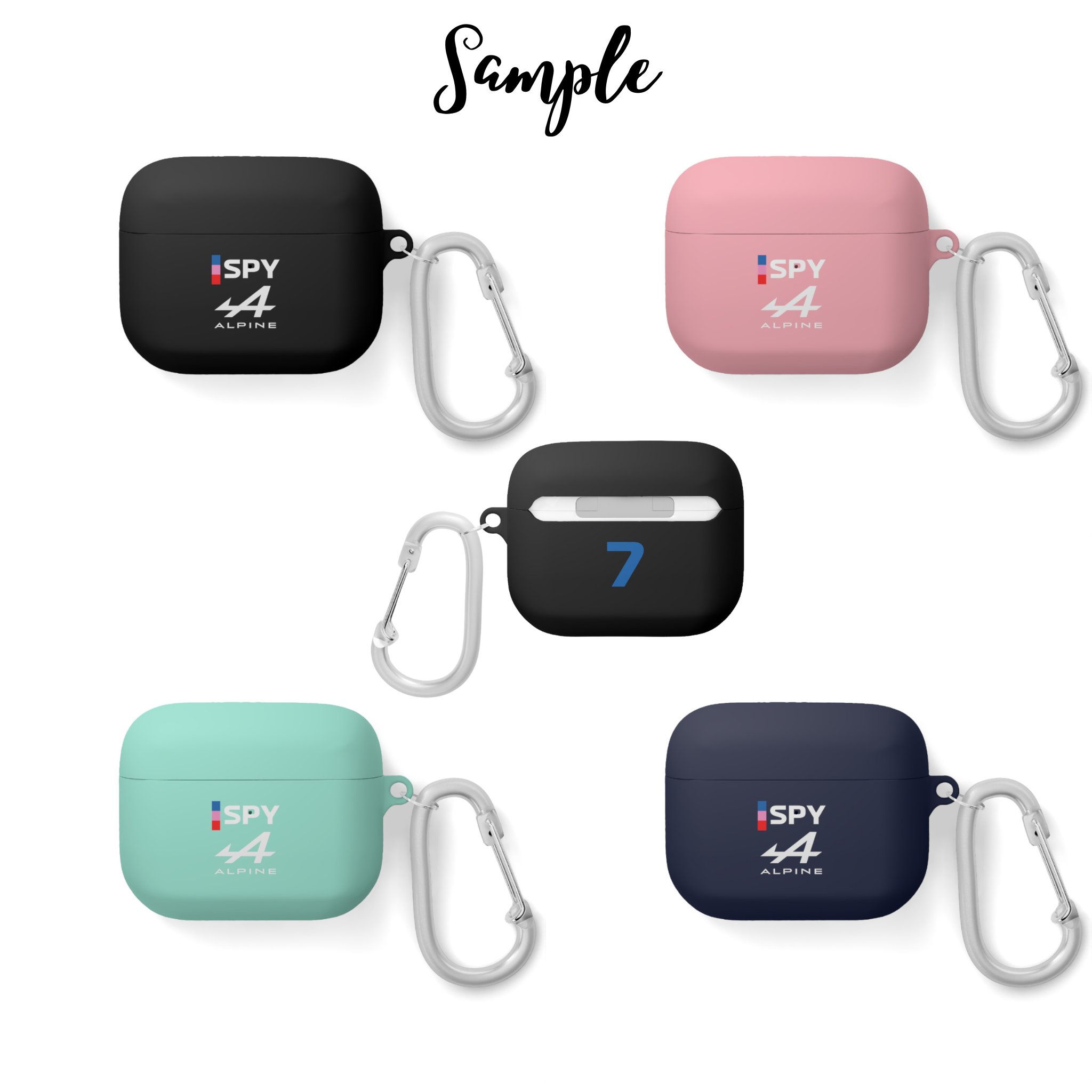 Blue and pink racing-inspired AirPods case with a sleek Grand Prix aesthetic and custom initials option. Ideal for motorsport fans.