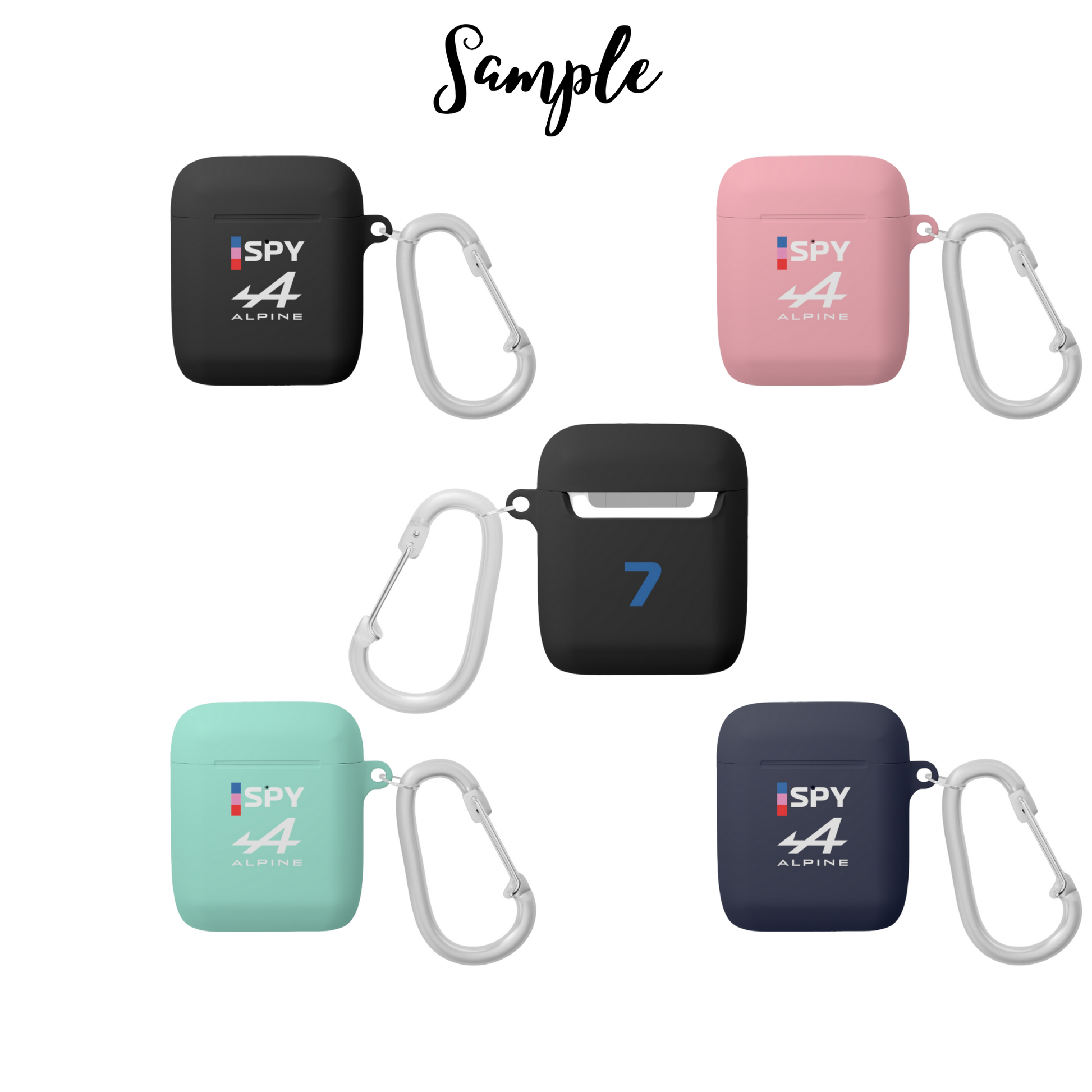 Blue and pink racing-inspired AirPods case with a sleek Grand Prix aesthetic and custom initials option. Ideal for motorsport fans.